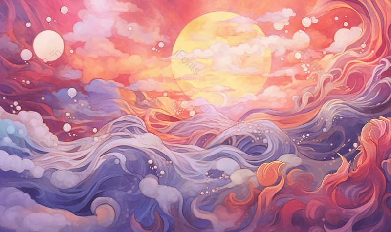 古风抽象太阳日出日落云纹海浪纹唯美插画,插画/手绘图,插画/手绘图库,插画/手绘图下载,插画/手绘